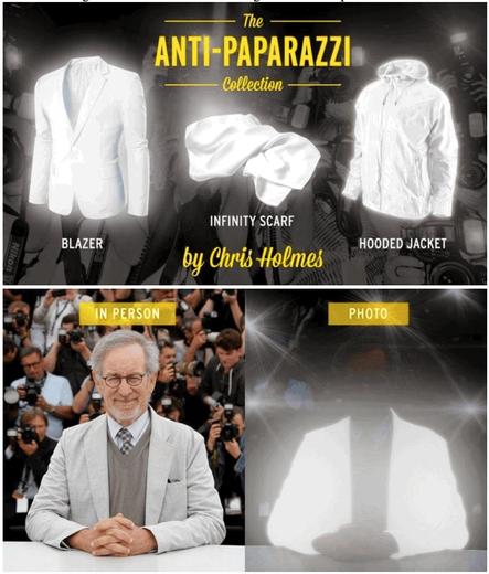 An ad for clothing that is so brightly reflective that it will effectively wipe out any camera trying to take your picture.
Titled ANTI-PAPARAZZI.
There is a blazer, a scarf, and a hooded jacket up top.
Below are two images of a white male sitting at a table facing the camera on the left, and on the right a washed out image of the bright blazer.