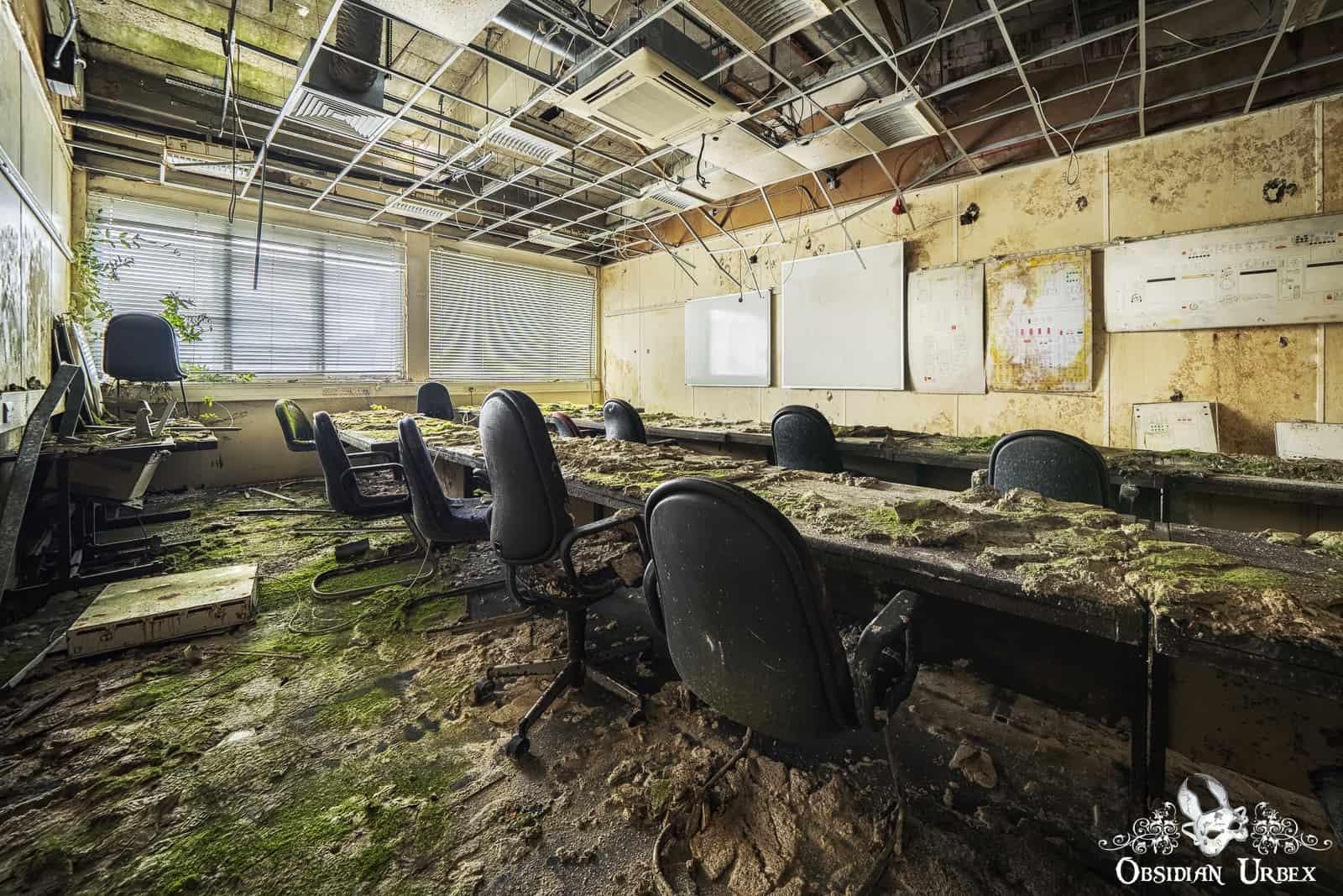 An abandoned classroom at the British Airways Training Facility. Moss covers the floor and long conference table, surrounded by chairs
