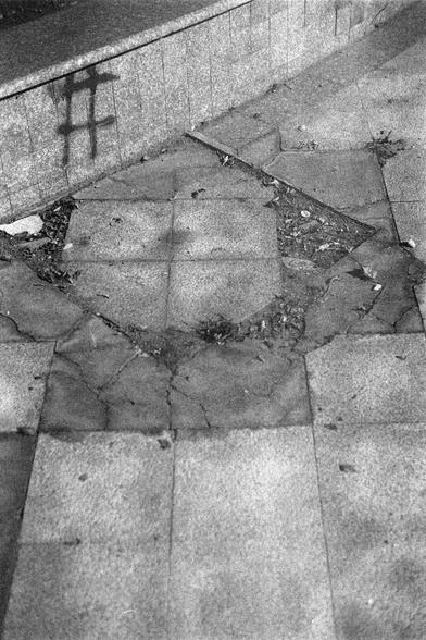 Ilford HP5 Plus 400 (FF)

English Alt Text
A black‑and‑white close‑up of a tiled pavement shows several broken, cracked, or missing tiles, exposing soil and debris underneath. Leaves and small litter pieces are scattered around. In the background, a raised tiled edge or low wall has a dark symbol resembling a hashtag marked on it.
中文替代文字
一张黑白特写照片展示一段破损的人行道地砖，多块砖面开裂、破碎或缺失，露出下面的泥土和杂物。周围散落着树叶和小碎垃圾。背景中一段抬高的砖面或矮墙上有一个类似“#”的深色标记。