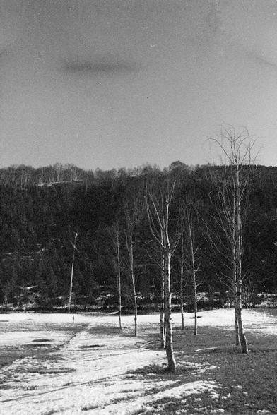 Ilford FP4 Plus 125 (FF)

English alt text
A black‑and‑white winter landscape showing several leafless trees standing on snow‑covered ground. Some areas of the snow are thin, revealing patches of earth. Behind the trees is a wooded hillside with dense, dark foliage. The sky above is clear with a faint shadow or cloud. The scene is quiet and still.
中文替代文字
一张黑白冬季景观照片，前景有几棵无叶的树，站在覆盖着薄雪的地面上，部分地面裸露。背景是一座树木茂密的山坡。天空清晰，带有一处淡淡的阴影或云层。整体氛围安静而静止。