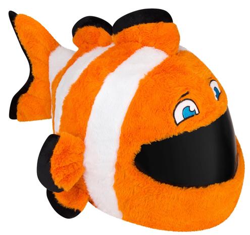 Image of a cover for a motorcycle helmet that looks like the clownfish character from the animated film, Finding Nemo.