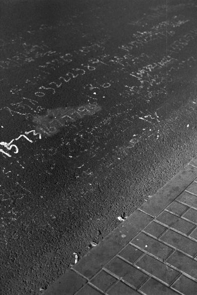 Ilford FP4 Plus 125 (FF)

English: A black-and-white close-up photograph of a rough pavement surface. There are faint markings or graffiti on the pavement, including some numbers and letters.
中文: 这是一张黑白照片，特写展示了粗糙的路面。路面上有一些淡淡的标记或涂鸦，包括一些数字和字母。