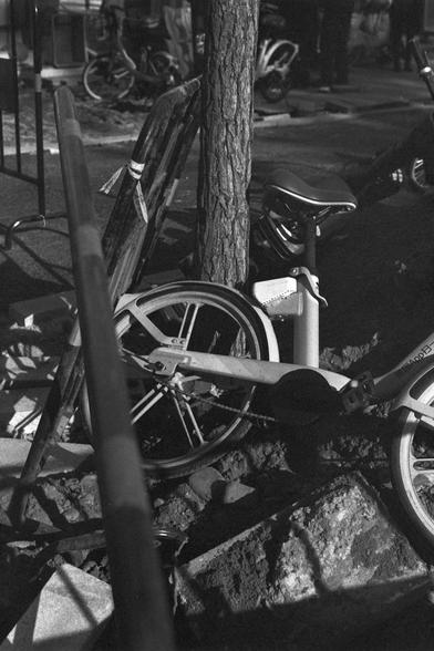 Ilford FP4 Plus 125 (FF)

English: A black-and-white photograph of a bicycle lying on the ground next to a tree and a metal pole. The bicycle's frame and wheels are visible, and it appears to be abandoned or knocked over on a paved area.
中文: 一张黑白照片，展示了一辆自行车倒在地上，靠近一棵树和一个金属杆。自行车的车架和车轮清晰可见，看起来被遗弃或撞倒在铺砌的路面上。