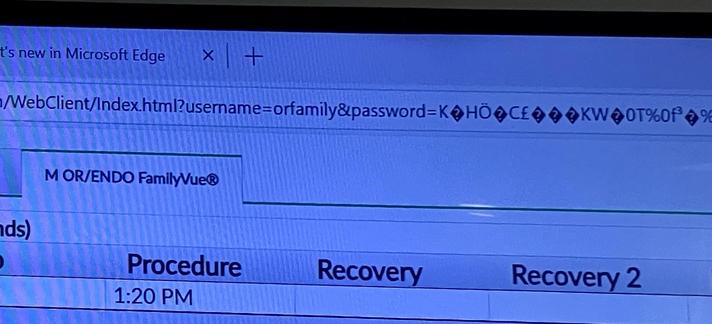 A waiting room patient status page displaying a URL with a username and obscured password as query parameters. 