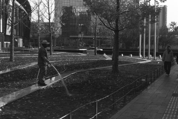 Ilford FP4 Plus 125 (FF)

English:
A black-and-white photograph of a person wearing a hat and work clothes, using a hose to water a landscaped garden area. The garden features neatly trimmed hedges and trees. The scene is urban, with modern buildings visible in the background.

中文（普通话）：
一张黑白照片，照片中一人戴帽并穿着工作服，正用水管浇灌整齐修剪的花园区域。花园内有整齐的树篱和树木，背景是城市环境，现代建筑物清晰可见。
