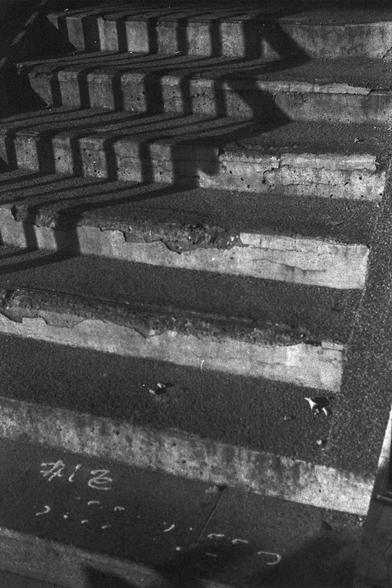 Ilford FP4 Plus 125 (FF)

Image 2:
This black-and-white photograph shows a close-up of a set of concrete stairs. The stairs are worn and show signs of aging, with visible cracks and uneven surfaces. The photo captures the texture and details of the concrete, emphasizing the ruggedness and passage of time.

中文:
这是一张黑白照片，特写拍摄了一组混凝土楼梯。楼梯显得破旧，有明显的裂缝和不平整的表面。照片捕捉到混凝土的质感和细节，强调了岁月的痕迹和粗犷感。