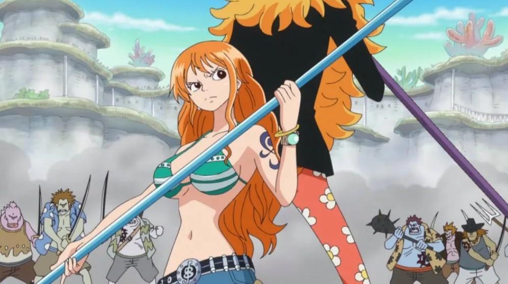 Nami facing a crowd of fish men