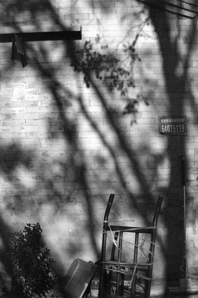 Ilford FP4 Plus 125 (FF)
English:

A black-and-white photograph of a brick wall with shadows of tree branches cast across it. The wall has a rectangular sign with Chinese characters and the number "64079119" on the right side. Below the sign, there is a handcart with a bucket and some ropes tied to it. The scene is partially shaded by the tree branches, creating a contrast of light and shadow on the wall.
Mandarin Chinese:

这是一张黑白照片，拍摄的是一面砖墙，树枝的影子投射在墙上。墙的右侧有一个长方形的标志牌，上面有中文字和数字“64079119”。标志牌下方有一…
