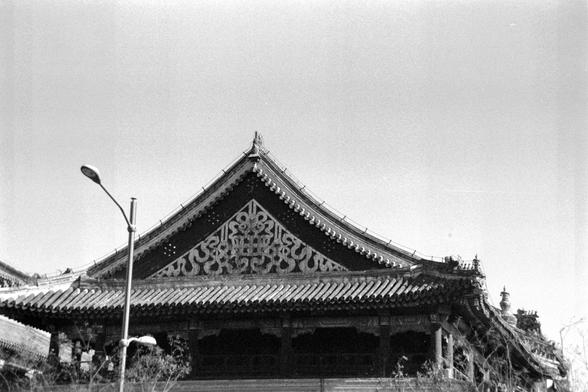 Ilford FP4 Plus 125 (FF)

##English
A black-and-white photograph of a traditional East Asian temple roof. The roof features intricate wooden carvings, including dragon and cloud motifs at the gable end. The eaves are layered and slightly curved upward at the edges, typical of classical East Asian architecture. A street lamp is visible on the left side of the image.

##中文
一张黑白照片，拍摄的是一座传统东亚寺庙的屋顶。屋顶的山墙上雕刻有精美的龙和云纹图案，屋檐分层且边缘微微上翘，这是东亚古典建筑的典型特征。照片左侧可见一盏路灯。