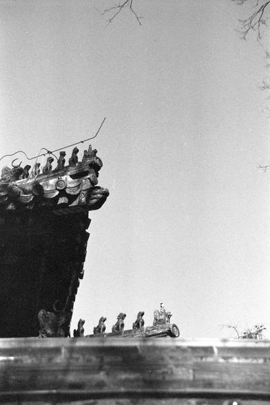 Ilford FP4 Plus 125 (FF)
##English
A black-and-white photograph of a traditional East Asian temple roof ridge. The ridge is adorned with small figurines, including animals and possibly deities, arranged in a row. The roof tiles are layered, and the sky is clear in the background.

##中文
一张黑白照片，拍摄的是一座传统东亚寺庙的屋脊。屋脊上装饰有小型人物和动物雕塑，可能包括神兽和神明，排列成一行。屋顶瓦片层叠，背景是晴朗的天空。