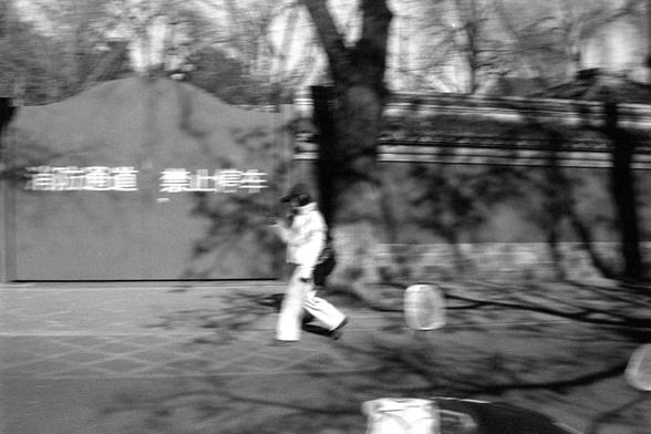 Ilford FP4 Plus 125 (FF)

English:
A black-and-white, motion-blurred photograph of a person walking outdoors. The background includes trees and a wall with blurred Chinese characters. The motion blur is prominent, emphasizing the movement of the person walking.

中文：
一张黑白且带有动感模糊的照片，拍摄的是一个人在户外行走。背景中有树木和一面写有模糊中文字的墙。动感模糊突出，强调了行走的人的运动感。