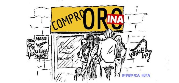 A queue of people at a shop that previously bought gold items and now buys urine.