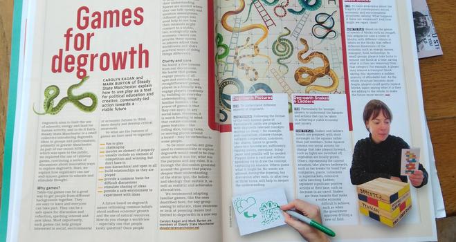 Games for Degrowth by Carolyn Kagan and Mark Burton, Steady Stage Manchester.
2 page spread in Red Pepper magazine.