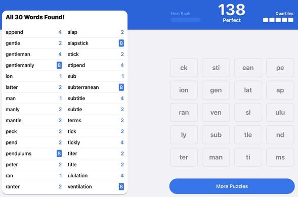Screenshot from Apple News Quartiles game.