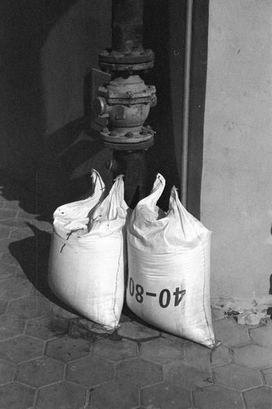 English

A black-and-white photograph featuring two large white sacks placed on a paved sidewalk. The sack on the right is labeled "40-08". Behind the sacks, there is a fire hydrant or a similar utility fixture attached to a wall. The scene appears to be in an urban setting.

中文

一张黑白照片，展示了两个大白袋放在铺砌的人行道上。右边的袋子上标有“40-08”字样。袋子后面有一个消防栓或类似的公用设施固定在墙上。场景看起来是在城市环境中