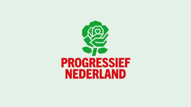 het logo van Progressief Nederland: een groene roos met daaronder de naam in rode hoofdletters