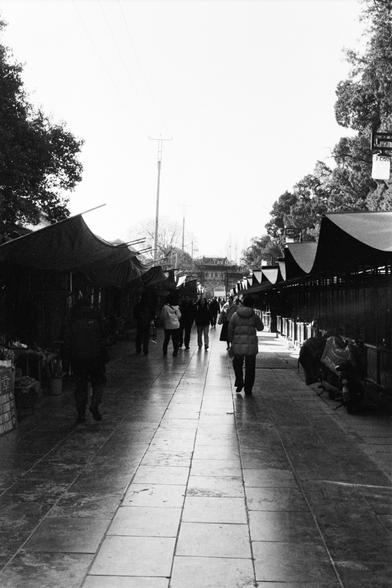 Lucky LUCKY SHD 400 (FF)

##English

A black-and-white photograph of a wide, paved walkway lined with market stalls on both sides. The stalls have dark awnings and display various goods. Several people are walking along the path, some wearing winter clothing such as jackets and hats. The path is refelctive, and trees line the sides. In the distance, a gate or entrance is visible, suggesting this is a market or tourist area.

##中文

一张黑白照片，展示了一条宽阔的铺砌步道，两侧排列着摊位，摊位上方有深色的遮阳篷，展示着各种商品。几个人在步道上行走，有些穿着冬季…
