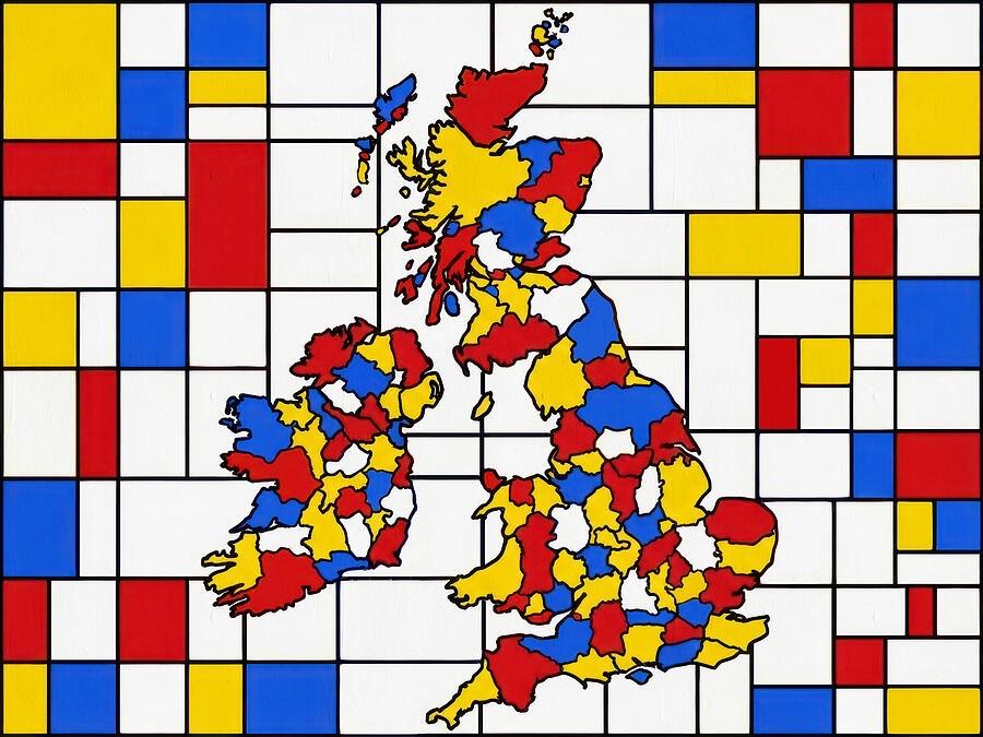 An abstract representation of the United Kingdom and Ireland outlined in black, filled with red, blue, yellow, and white sections. The background consists of a grid pattern with various colored squares.
