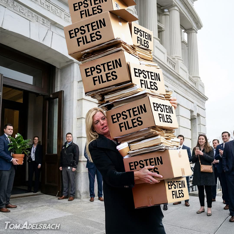Photoshopped photo of former Attorney General Pam Bondi leaving her office carrying a stack of cartons labeled “Epstein files”.