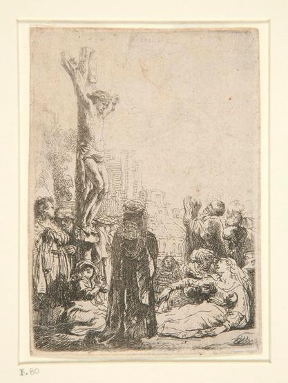 Etching of the crucifixion by Rembrandt.