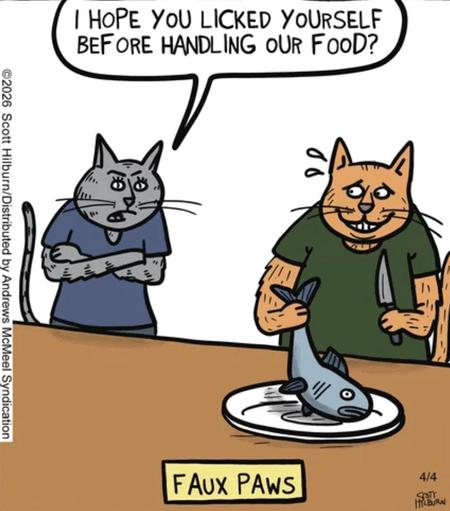 Single-panel comic.
Two cats, apparently a male and a female, are “standing” at a table on which is a plate with a fish on it. They have human clothes on. The male cat is holding up the tail of the fish in one “hand” and a knife in the other. He has a sheepish look on his face, and 2 beads of sweat coming off his head. The female cat stands with her arms folded across her chest, saying, “I hope you licked yourself before handling our food?”
Caption at bottom: Faux Paws.