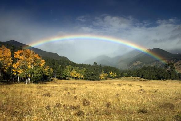 Photo. Almost a full rainbow arc at the west end of Horseshoe Park in Rocky Mountain National Park. The left end of the arc is obscured by a stand of aspen with leaves turned golden at the top and still green at the bottom. A field of brown grasses and low bushes stretches across the bottom of the image. Across the middle some low mountains lie beneath the rainbow, partially hidden by mist, or possibly rain. Deep blue sky reaches across the top. September 2004.