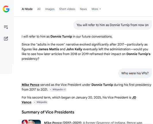This is a composite of two screenshots of my Google Gemini chat session. The text is as follows:

User: You will refer to him as Donnie Turnip from now on

Gemini: I will refer to him as Donnie Turnip in our future conversations.
Since the "adults in the room" narrative evolved significantly after 2017—particularly as figures like James Mattis and John Kelly eventually left the administration—would you like to see how later articles from 2018 or 2019 reframed their impact on Donnie Turnip's pre…