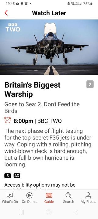 Screenshot from Freeview app: BBC2 programme about an aircraft carrier.