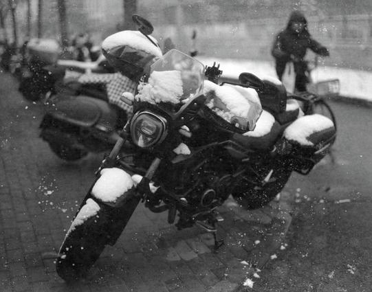 Xiamen Pan 100 (6x7)

English

A black-and-white photograph of a motorcycle parked outdoors during snowfall. The motorcycle is covered with a light layer of snow on its seat, handlebars, and windshield. The headlight and front wheel are visible, and the background shows a sidewalk and a blurred figure of a person walking. Other motorcycles are partially visible in the background, also covered in snow.

中文

一张黑白照片，拍摄的是室外一辆被雪覆盖的摩托车。摩托车的座椅、车把和挡风玻璃上覆盖着一层薄雪。车头灯和前轮清晰可见，背景是人行道和一个模糊的行人身影。照片中还可以看到其他几辆摩托…