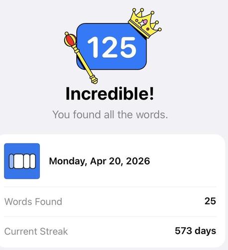Screen shot from Quartiles puzzle showing score.