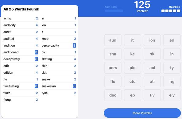 Screenshot from Quartiles puzzle showing all the words.