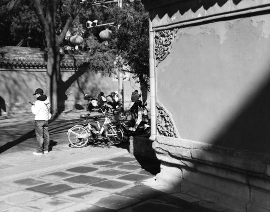 Lucky LUCKY SHD 400 (6x7)

English
A black-and-white photograph of a street scene in a traditional setting. On the left, a person is standing and looking at their phone. Several bicycles are parked against a wall adorned with ornate carvings. The wall and a large tree cast shadows on the paved ground. In the background, a few people are seated on the bicycles, engaged in conversation.
中文
一张黑白照片，展示了传统街道场景。左侧有一个人站着，低头看手机。几辆自行车靠在雕刻精美的墙边。墙和一棵大树的影子投射在铺砌的地面上。背景中，几个人坐在自行车上，正在交谈。