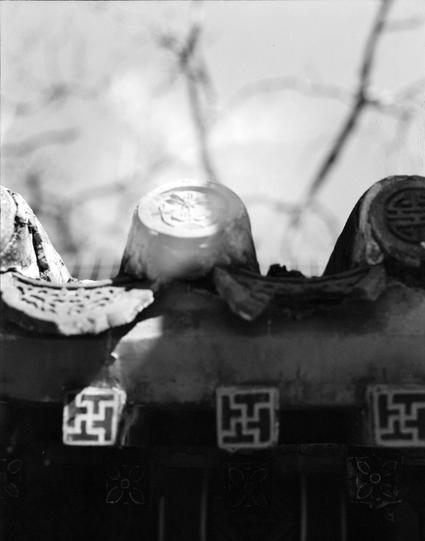 Lucky LUCKY SHD 400 (6x7)

English
A black-and-white photograph of a traditional Chinese tiled roof. The roof tiles are cylindrical and arranged in rows, with decorative end tiles featuring intricate designs. The roof is partially covered with a light dusting of snow, and bare tree branches are visible in the background, slightly out of focus.
中文
一张黑白照片，展示了中国传统瓦屋顶。屋顶瓦片呈圆柱形，排列成行，两端的装饰瓦片有精美的图案。屋顶上覆盖着一层薄雪，背景中可见光秃的树枝，略显模糊。