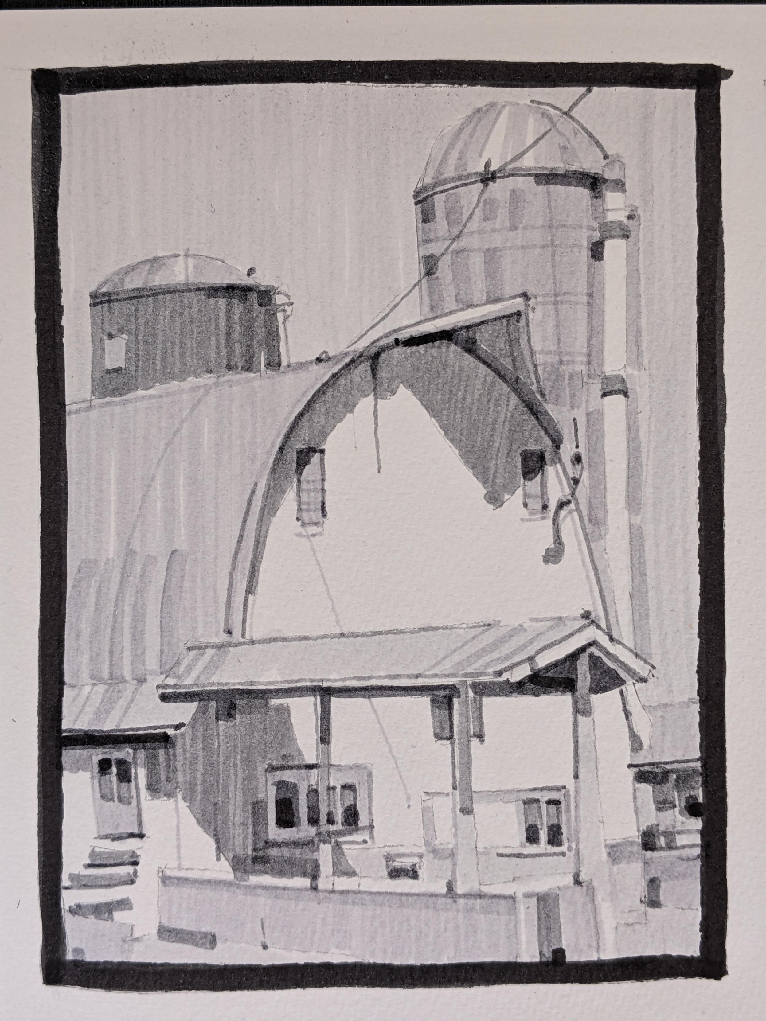 Gray-scale marker drawing of farm buildings in Weybridge, Vermont. Two tall, round top silos rise behind a large storage and cattle barn. The barn has rounded, steel roofing with an arched summit on its white side facade, set in the center of the scene. Before it is a small overhang structure for feeding troughs.
