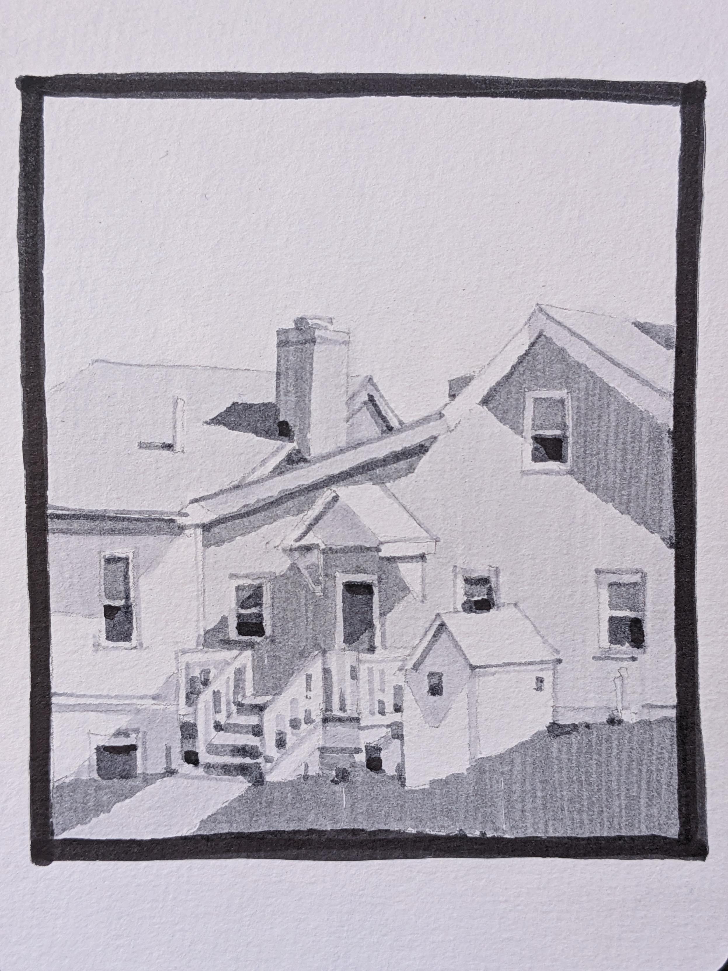 Gray-scale marker drawing of a house in Middlebury, Vermont. A multi-unit, two story home is set into the ground - its angled roofs leaving elongated shadows from eaves and porch overhangs. The blue bird sky above is left untouched, as a chimney creeps out between the structures.