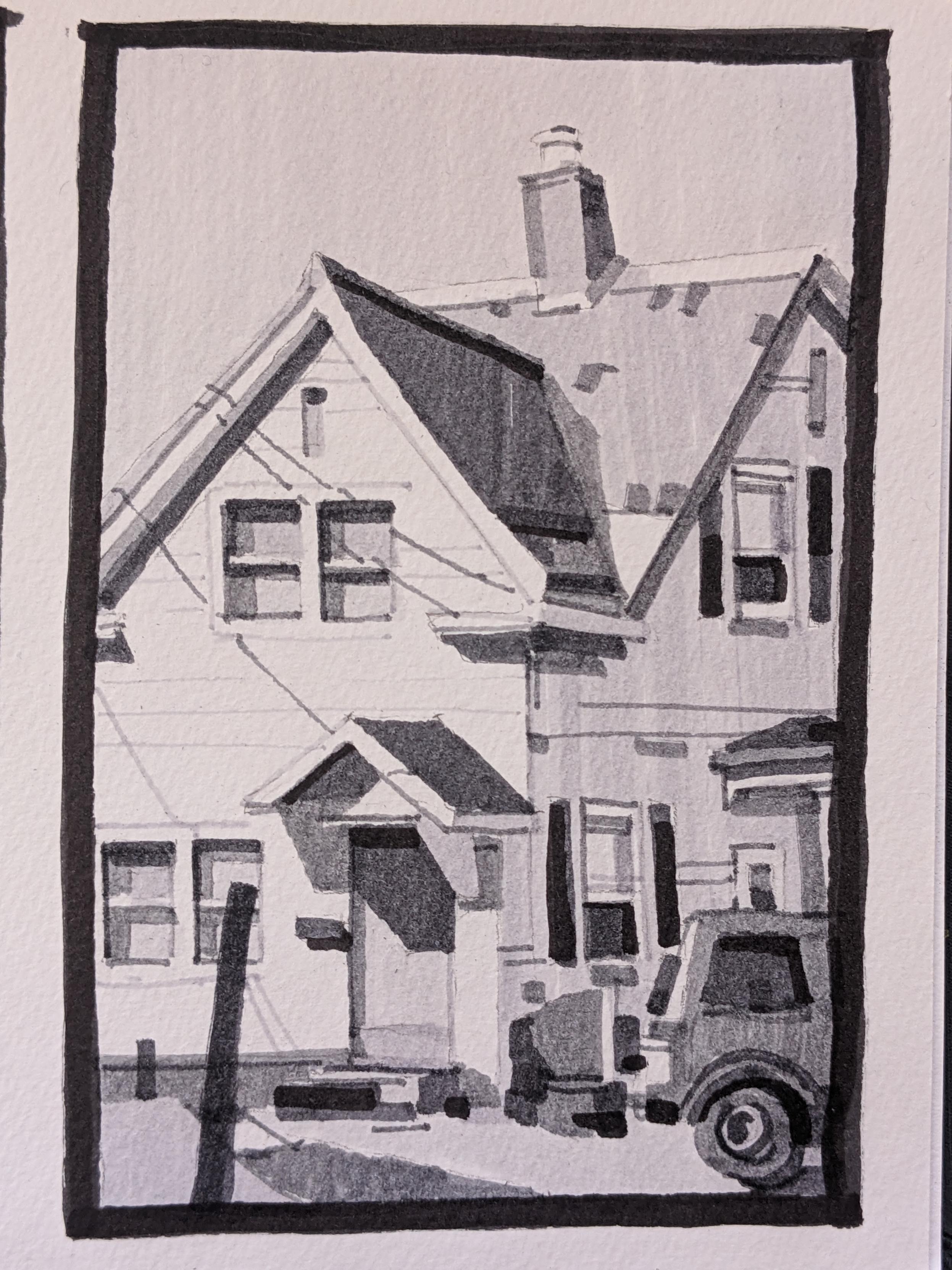 Gray-scale marker drawing of a house in Middlebury, Vermont. The sun - coming from the left, behind the viewer - floods the front entrance and facade of a home in white siding. Its side facade is covered in shadow and windows with shudders as the rear end of a car is seen in the foreground on the right. Shadows from overhanging electrical wires run along the the sun lit facade.