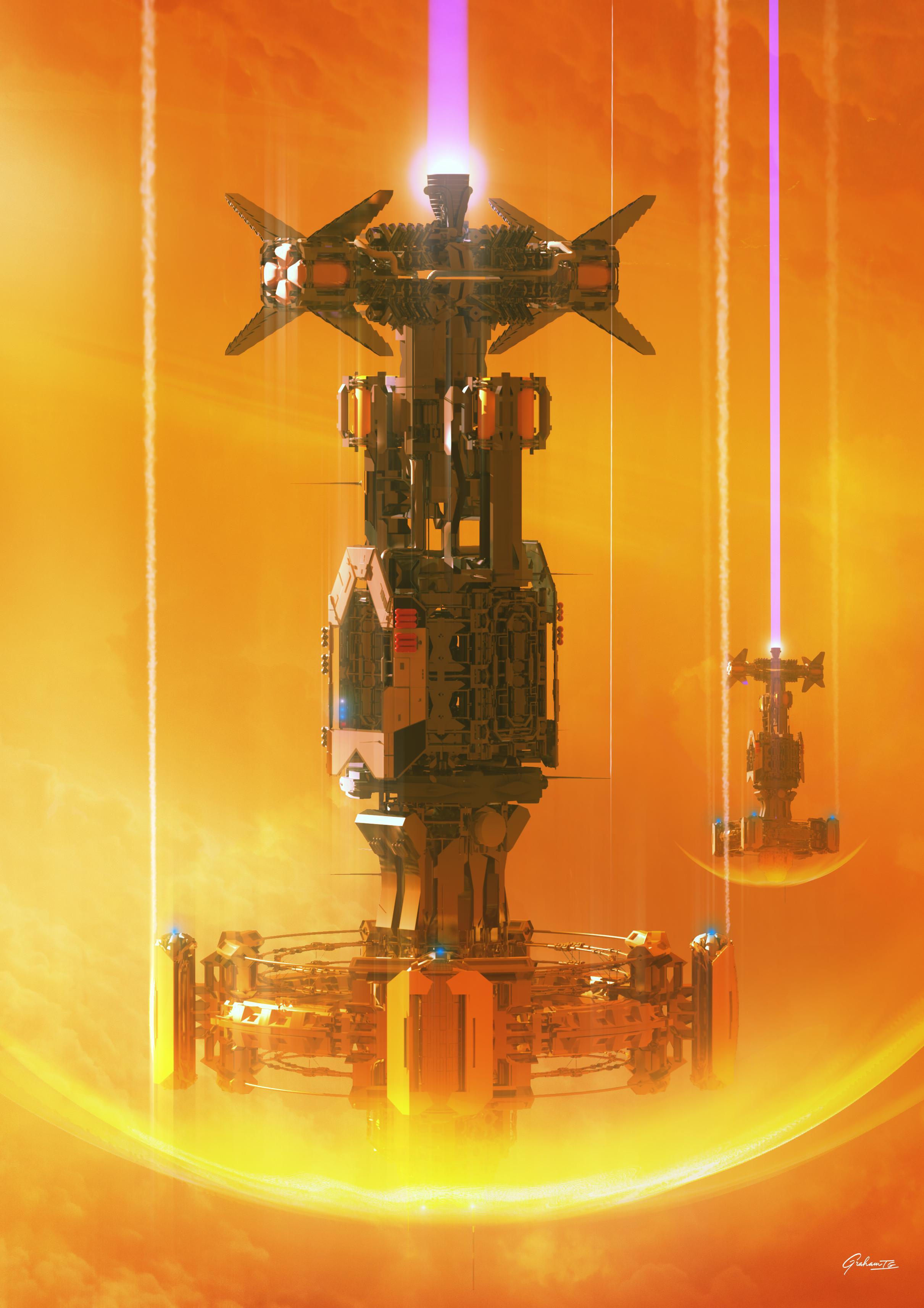 Two gas processing rigs dropping into the thick upper layers of a gas  giant. Contrails stream upwards  with a large fiery compression wave below.