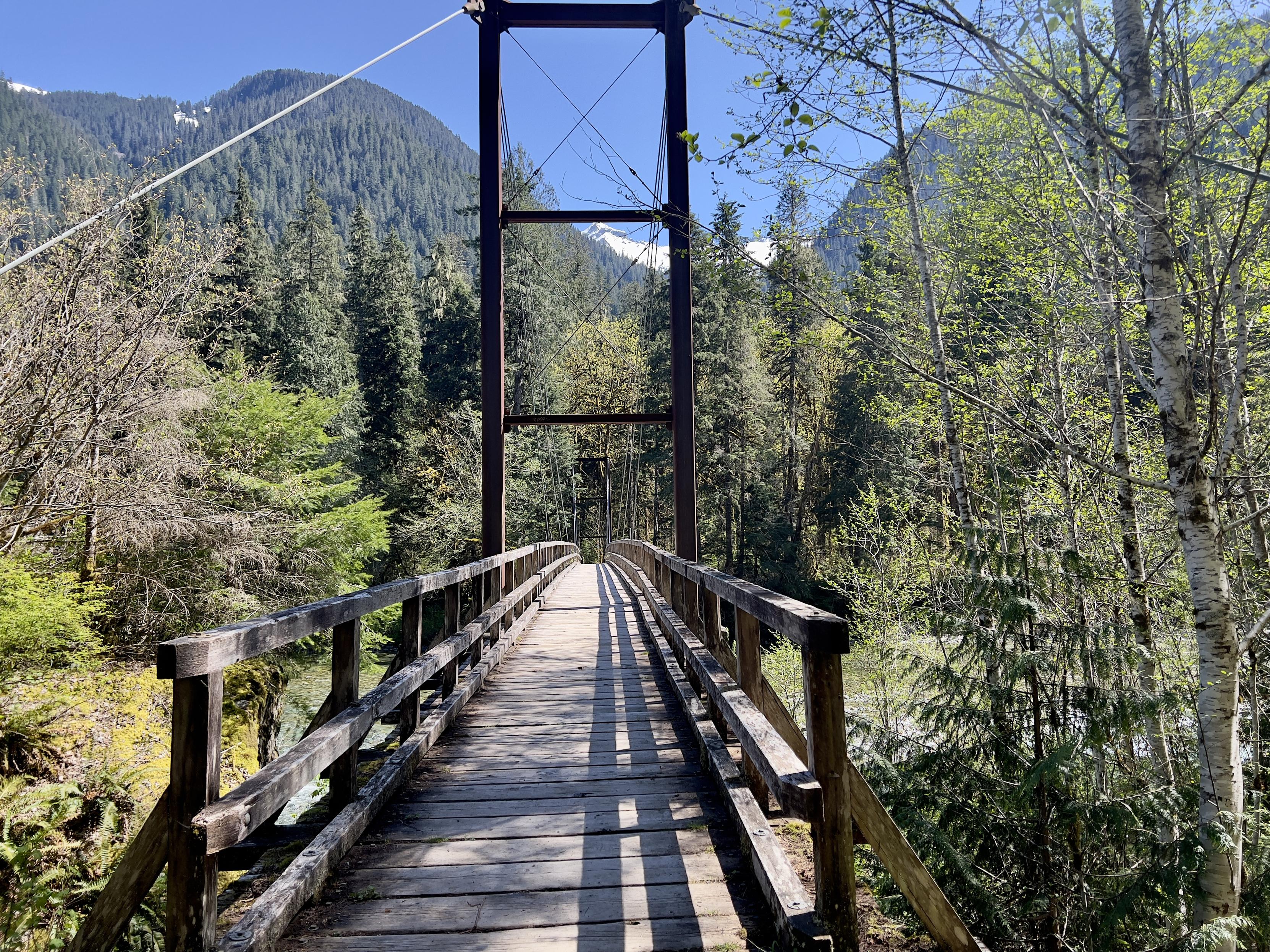 A wooden suspension bridge made for foot traffic that leads over the river. It has a tall wooden tower made of rustic timbers hiking up big cables and a simple set of planks for the base. The water isn't visible here because of all the small willow and alder trees crowding g either side of the bridge. Snow capped mountains visible in the far distance