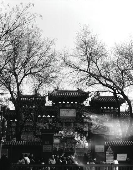 Kentmere PAN 200 (6x7)

English
A black-and-white photograph of a traditional Chinese gate with intricate designs and patterns. The gate is part of a larger entrance structure, featuring multiple layers and ornate decorations. People are gathered in front of the gate, and bare tree branches are visible above. The scene is bustling, with the gate standing as a prominent architectural feature.
中文
一张黑白照片，展示了一座精美的中国传统大门，门上装饰着复杂的图案和花纹。大门是更大入口结构的一部分，有多层和华丽的装饰。门前聚集着人群，上方可见光秃的树枝。场景热闹，大门是突出的建筑特色。