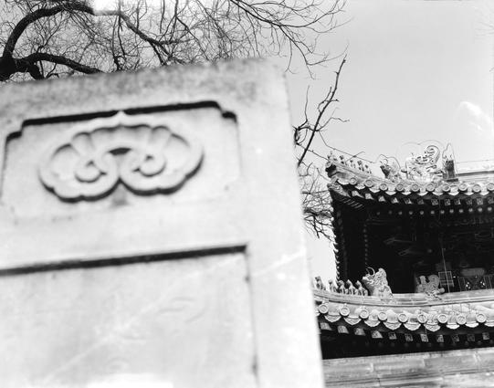 Kentmere PAN 200 (6x7)

English
A black-and-white photograph showing a close-up of a stone structure with a carved cloud-and-thunder pattern in the foreground. In the background, the ornate eaves of a traditional Chinese building are visible, featuring intricate roof decorations and small mythical creature statues along the roofline. Bare tree branches are also visible in the upper part of the image.
中文
一张黑白照片，近景为一块刻有云雷纹的石结构。背景中可见传统中式建筑的精美屋檐，屋顶装饰复杂，沿屋檐排列着小型神话生物雕像。照片上方还可见光秃的树枝。