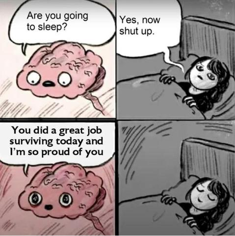 Four panel meme. Is brain gonna sabotage your sleep?
Panel 2: Brain says, “Are you going to sleep?”
Panel 2: Person lying in bed says, “Yes, now shut up.”
Panel 3: Brain says, “You did a great job surviving today and I’m so proud of you.”
Panel 4: Person lying in bed, smiling, asleep.