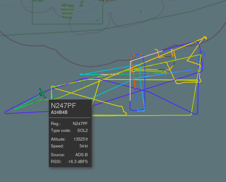 Plot of N247PF flight on station between Florida and Cuba.  The aircraft is solar/battery powered and has been in the air for over 5 days at this point.