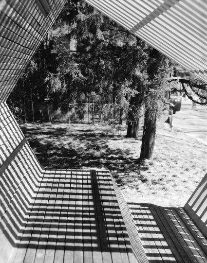 Kentmere PAN 200 (6x7)

##English
Black-and-white photograph taken from under a wooden structure with diagonal slats, casting strong shadows on the ground. Beyond the structure, a path leads into a grove of tall, thin trees with sparse foliage, creating a serene and slightly abstract scene.
##中文
一张黑白照片，从一个带有对角木条的木结构下方拍摄，地面上投射出浓重的阴影。木结构之外，一条小路通向一片高大、细长的树林，树木的叶子稀疏，营造出一个宁静而略显抽象的场景。