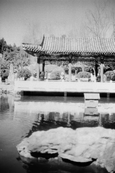 ERA 100 (FF)

English
A black-and-white photograph of a traditional Chinese pavilion with a tiled roof and ornate wooden structure, situated beside a pond. The pavilion is reflected in the calm water, and there are stone pillars and railings around it. Trees and bushes are visible in the background, contributing to the serene and classical garden atmosphere.
中文
一张黑白照片，展示了一座传统中式凉亭，亭子有瓦片屋顶和精美的木结构，位于一个池塘旁边。凉亭在平静的水面上倒映出影子，周围有石柱和栏杆。背景中可以看到树木和灌木，营造出宁静而古典的花园氛围。