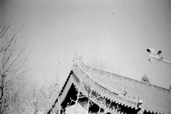 ERA 100 (FF)

English
Black-and-white photograph showing the upper section of a traditional Chinese building with a tiled roof. A surveillance camera is mounted on a pole to the right, pointing towards the building. Bare tree branches are visible in the background, adding depth to the scene.
中文
黑白照片，展示了一座传统中式建筑的上部，屋顶铺有瓦片。右侧有一根杆子，上面安装了一个监控摄像头，朝向建筑。背景中可以看到光秃的树枝，为场景增添了深度感。