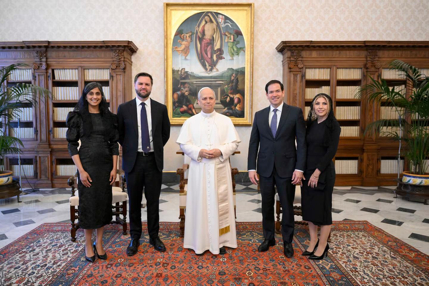 Pope Leo with Vance, Rubio, and spouses in a 2025 Vatican visit.