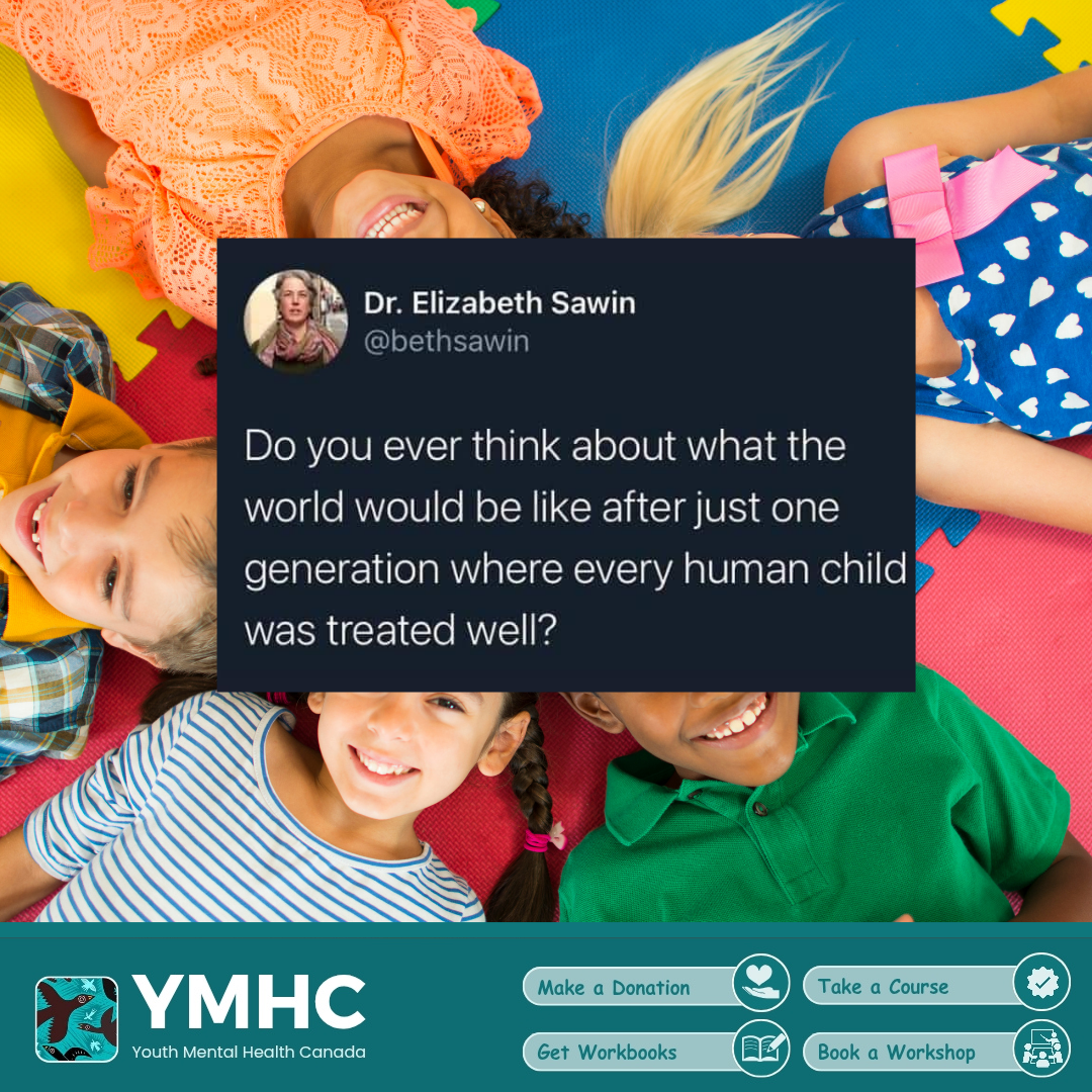 A group of children of different ethnicities lying on a colorful play mat, looking up and smiling. A tweet by Dr. Elizabeth Sawin is overlaid asking about a world where every child is treated well.