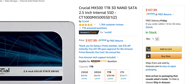 This is a cropped screenshot of an Amazon listing for a Crucial MX500 1TB 3D NAND SATA 2.5 inch internal SSD with a price of $107.99. The model number is CT1000MX500SSD1. 