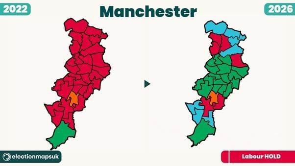 Electoral map for the city of Manchester: it shows the 1/3 seats elected this year in contrast to those in 2022 - article shows the overall councillor composition.