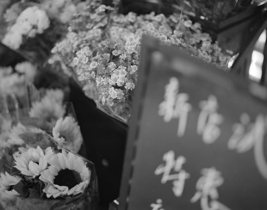 Kentmere PAN 400 (6x7)

English
A black-and-white close-up of a bouquet of flowers and a dark board with Chinese characters. The flowers include small white blossoms and larger blooms with visible petals. The Chinese characters on the board are partially visible and appear to be handwritten.
中文
一张黑白特写照片，展示了一束鲜花和一个带有中文字的深色板子。鲜花包括小白花和花瓣清晰的大花朵。板子上的中文字部分可见，看起来是手写的。